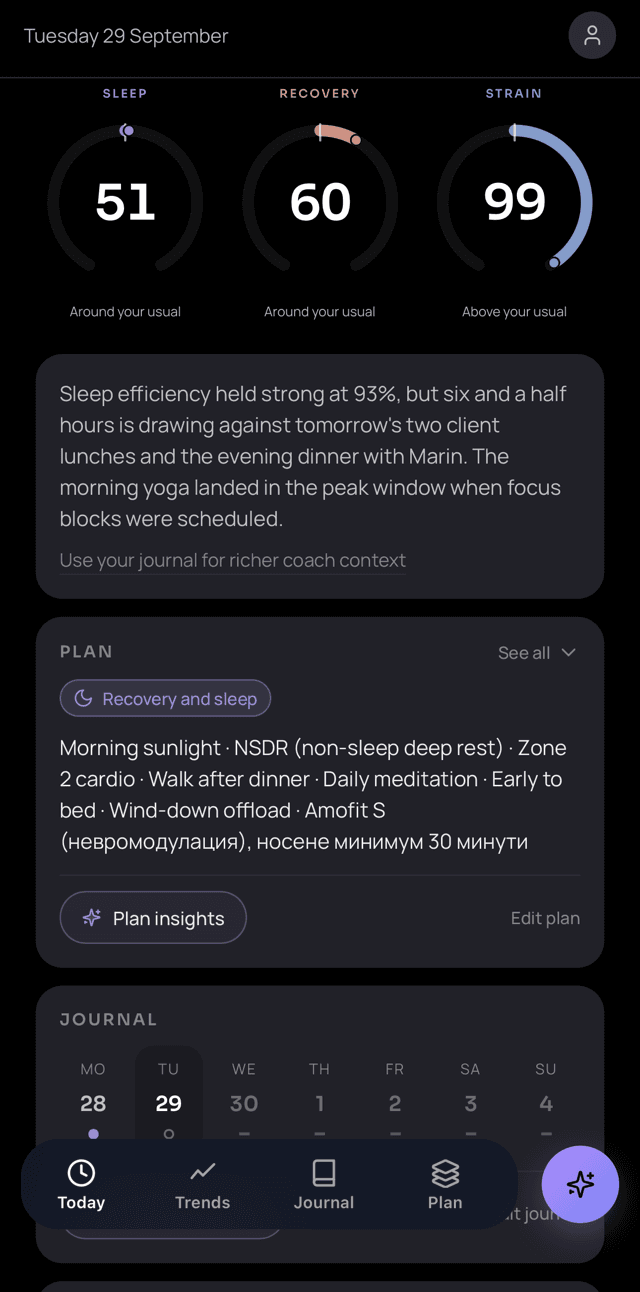 Virka Today screen: sleep, recovery and strain rings with the day's plan